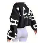 Trendseninle Chicago Baskılı Siyah Kolları Bisiklet Yaka Oversize Kadın Sweatshirt