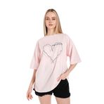 Trendseninle Çizgili Figür Kalp Pudra Pembe Have A Holiday Baskılı Pudra Pembe Kadın T-shirt