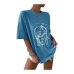 Trendseninle Çizgili Figür Oversize İndigo Oversize Kadın T-shirt