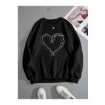 Trendseninle Çizgili Kalp Baskılı Siyah Oversize Kadın Sweatshirt