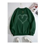 Trendseninle Çizgili Kalp Baskılı Yeşil Oversize Kadın Sweatshirt
