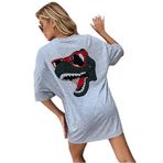 Trendseninle Dinazor Sırt Baskılı Gri Oversize Kadın T-shirt