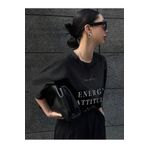 Trendseninle Energy Attitude Baskılı Siyah Oversize Kadın T-shirt