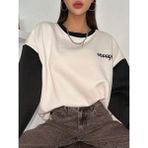 Trendseninle Enough Baskılı Beyaz Siyah Kol Detay Oversize Kadın Sweatshirt
