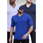 Trendseninle Erkek Beyaz Sax Mavi Lacivert Örme Kısa Kollu Gömlek 3'lü Set, 2XL