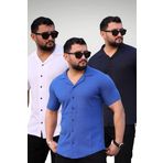 Trendseninle Erkek Beyaz Sax Mavi Lacivert Örme Kısa Kollu Gömlek 3'lü Set, L