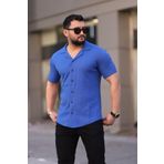 Trendseninle Erkek Saks Mavi Örme Kısa Kollu Gömlek, 2XL
