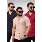 Trendseninle Erkek Siyah Bordo Bej Örme Kısa Kollu Gömlek 3'lü Set, L