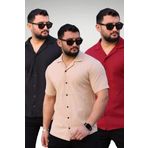 Trendseninle Erkek Siyah Bordo Bej Örme Kısa Kollu Gömlek 3'lü Set, S
