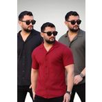 Trendseninle Erkek Siyah Bordo Haki Örme Kısa Kollu Gömlek 3'lü Set, XL