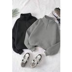 Trendseninle Kadın 3 Iplik Füme Siyah Oversize Yarım Fermuarlı 2li Sweatshirt Set, L/XL
