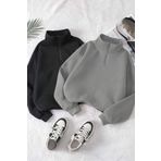 Trendseninle Kadın 3 Iplik Füme Siyah Oversize Yarım Fermuarlı 2li Sweatshirt Set, S/M