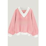 Trendseninle Kadın 3 Iplik Pudra Pembe Düz V Yaka Oversize Sweatshirt S Ts-Vvvbssskasaa