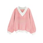 Trendseninle Kadın 3 Iplik Pudra Pembe Düz V Yaka Oversize Sweatshirt Xl Ts-Vvvbssskasaa