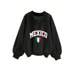 Trendseninle Kadın 3 Iplik Siyah Mexico Baskılı V Yaka Oversize Sweatshirt M Ts-Cf333Cc11