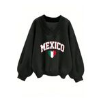 Trendseninle Kadın 3 Iplik Siyah Mexico Baskılı V Yaka Oversize Sweatshirt S Ts-Cf333Cc11
