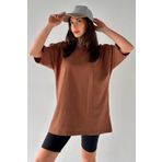 Trendseninle Kadın Düz Renk Acı Kahve Oversize T-Shirt, XL