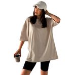 Trendseninle Kadın Düz Renk Bej Oversize T-Shirt, L