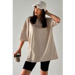 Trendseninle Kadın Düz Renk Bej Oversize T-Shirt, XL