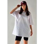 Trendseninle Kadın Düz Renk Beyaz Oversize T-Shirt, L