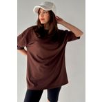 Trendseninle Kadın Düz Renk Kahve Oversize T-Shirt, M