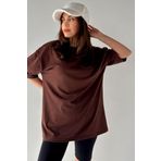 Trendseninle Kadın Düz Renk Kahve Oversize T-Shirt, XL