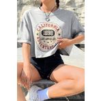 Trendseninle Kadın Gri Bisiklet Yaka California Baskılı Crop T-Shirt, M