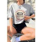 Trendseninle Kadın Gri Bisiklet Yaka California Baskılı Crop T-Shirt, S