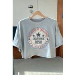 Trendseninle Kadın Gri Bisiklet Yaka Los Angeles 1850 Baskılı Crop T-Shirt, S