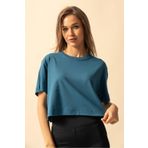 TrendSeninle Kadın İndigo Oversize Bisiklet Yaka Crop Tişört İNDİGO S