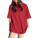 Trendseninle Kadın Kırmızı Bisiklet Yaka Thousand Baskılı Oversize T-Shirt, L