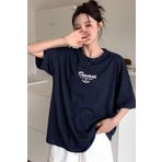 Trendseninle Kadın Lacivert Bisiklet Yaka Thousand Baskılı Oversize T-Shirt, XL