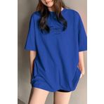 Trendseninle Kadın Mavi Bisiklet Yaka Thousand Baskılı Oversize T-Shirt, L