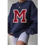 Trendseninle Kadın Navy Blue M Logo Baskılı Oversize Bisiklet Yaka Sweatshirt, M
