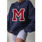 Trendseninle Kadın Navy Blue M Logo Baskılı Oversize Bisiklet Yaka Sweatshirt, S