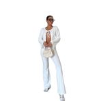 TrendSeninle Kadın Önden Bağcık Detay Fitilli Crop Pantolon Takım, L, BEYAZ