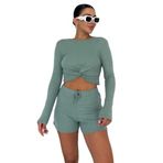 TrendSeninle Kadın Önü Büzgülü Uzun Kollu Crop Şortlu Alt-Üst Takım, XL, Mint Yeşili