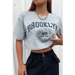 Trendseninle Kadın Oversize Crop T-shirt Gri Brooklyn Baskılı