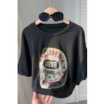Trendseninle Kadın Siyah Bisiklet Yaka California Baskılı Crop T-Shirt, M