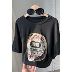 Trendseninle Kadın Siyah Bisiklet Yaka California Baskılı Crop T-Shirt, S