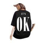 Trendseninle Kadın Siyah Bisiklet Yaka It's Ok Baskılı Oversize T-Shirt, M