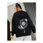 TrendSeninle Kadın Siyah Oversize Pusula Sırt Baskılı Hırka Sweatshirt Siyah L/XL