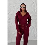 TrendSeninle Kadın V Yaka Kapüşonlu Crop Eşofman Alt-Üst Takım, M, Bordo