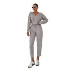 TrendSeninle Kadın V Yaka Kapüşonlu Crop Eşofman Alt-Üst Takım, M, Gri