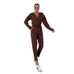 TrendSeninle Kadın V Yaka Kapüşonlu Crop Eşofman Alt-Üst Takım, M, Kahverengi
