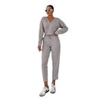 TrendSeninle Kadın V Yaka Kapüşonlu Crop Eşofman Alt-Üst Takım, S, Gri