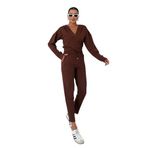 TrendSeninle Kadın V Yaka Kapüşonlu Crop Eşofman Alt-Üst Takım, XL, Kahverengi