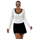 TrendSeninle Kadın V Yakalı Biyeli Uzun Kollu İnterlok Bluz, M, Beyaz