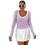 TrendSeninle Kadın V Yakalı Biyeli Uzun Kollu İnterlok Bluz, XL, Mor