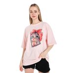 Trendseninle Kedi Baskılı Pudra Pembe Oversize Kadın T-shirt